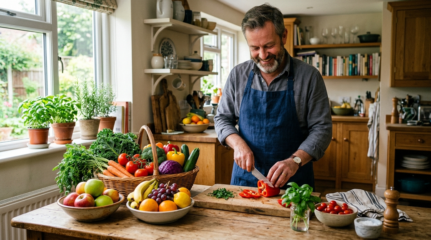 Čerstvá zelenina a ovoce na kuchyňském stole